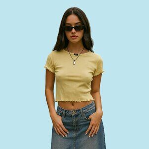Forever 21 Yellow Ribbed Lettuce-Hem Crop Top – Size S